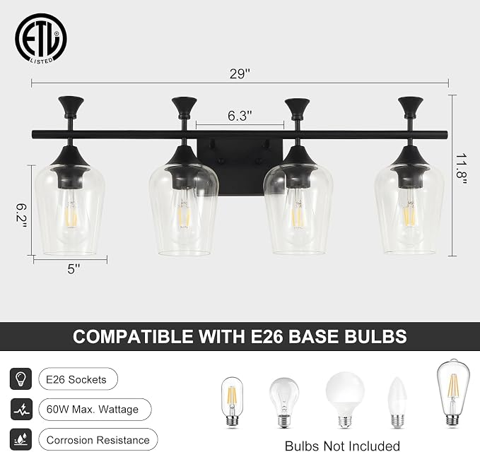 Bathroom Light Fixtures (4-Light, 29 Inch), Matte Black Vanity Lights for Bathroom with Clear Wine Glass Glass Shade, Modern Vanity Wall Lights for Mirror Bedroom Living Room Kitchen Hallway Porch