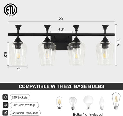 Bathroom Light Fixtures (4-Light, 29 Inch), Matte Black Vanity Lights for Bathroom with Clear Wine Glass Glass Shade, Modern Vanity Wall Lights for Mirror Bedroom Living Room Kitchen Hallway Porch