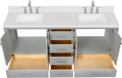 DKB Beckford 72 Inch Bathroom Vanity Double Sink — Grey Bathroom Vanity with Sink, 1.5" Edge Carrara White Quartz Countertop & Backsplash, 4 Soft-Close Doors, 6 Dovetail Drawers