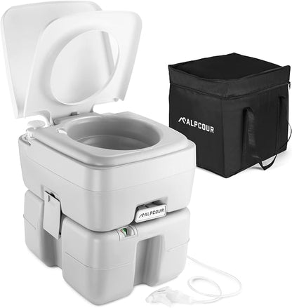 Portable Toilet – Compact Indoor & Outdoor Commode w/Travel Bag for Camping, RV, Boat – Piston Pump Flush, 6 Gallon Waste Tank, Built-In Pour Spout & Washing Sprayer for Easy Cleaning