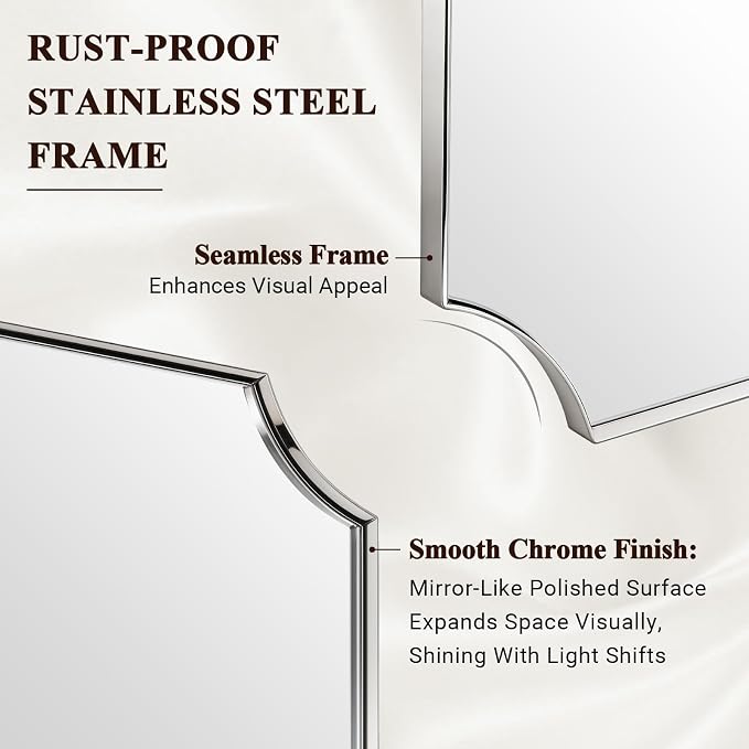 30x40 Inch Chrome Mirror, Scalloped Bathroom Mirror, Polished Chrome Framed Mirror in Anti-Rust Stainless Steel Metal Thin Frame Deep 1’’, Large Wall-Mounted Mirror (Horizontal/Vertical)