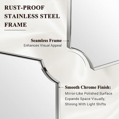 30"x30" Chrome Bathroom Mirror, Square Vanity Mirror, Scalloped Wall Mirror in Rustproof Stainless Steel Thin Frame, Aesthetic Scalloped Corner Design, Ideal for Bathroom Remodel