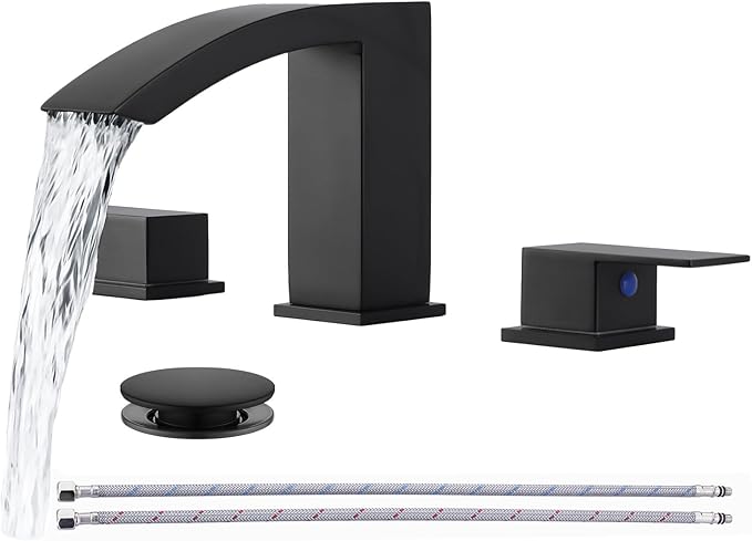 Friho Matte Black Bathroom Faucets 3 Hole, 8 Inch Widespread 2 Handle Square Waterfall Bathroom Sink Faucets with Pop-up Drain and Supply Lines, Vanity Faucet Suitable for Lavatory Restroom RV