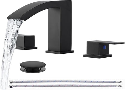 Friho Matte Black Bathroom Faucets 3 Hole, 8 Inch Widespread 2 Handle Square Waterfall Bathroom Sink Faucets with Pop-up Drain and Supply Lines, Vanity Faucet Suitable for Lavatory Restroom RV