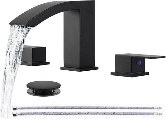 Friho Matte Black Bathroom Faucets 3 Hole, 8 Inch Widespread 2 Handle Square Waterfall Bathroom Sink Faucets with Pop-up Drain and Supply Lines, Vanity Faucet Suitable for Lavatory Restroom RV