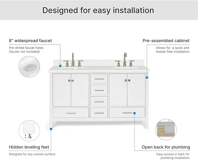 ARIEL Cambridge 60-inch Bathroom Vanity with Sink,Solid Wood, 1.5-inch Pure White Quartz Countertop & Backsplash, Double Oval Porcelain Sink, 4 Soft Closing Doors, 6 Dovetail Drawers, White