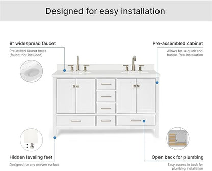 ARIEL Cambridge 60-inch Bathroom Vanity with Sink,Solid Wood, 1.5-inch Pure White Quartz Countertop & Backsplash, Double Oval Porcelain Sink, 4 Soft Closing Doors, 6 Dovetail Drawers, White