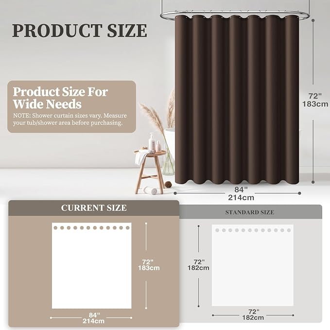 BTTN Wide Shower Curtain, 84x72 Linen Textured Heavy Duty Waterproof Cloth Shower Curtain Set with 14 Plastic Hooks, Hotel Spa Luxury Simple Decorative Thick Fabric Shower Curtains for Bathroom, Brown