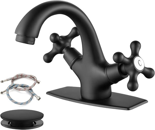 gotonovo Bathroom Sink Faucet Single Hole Double Cross Handle Knobs Lavatory Vessel Sink Mixer Tap Bathroom Faucet with Pop up Drain and Deck Cover Plate Matte Black