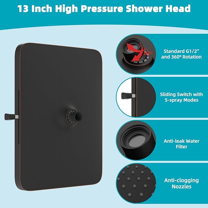 Hibbent cUPC Certified 5 Spray Modes Shower Head, 13'' High Pressure Large Rainfall Shower Head, High Flow Waterfall Bathroom Fixed Showerheads, Adjustable Swivel Ball Joint, Oil Rubbed Bronze