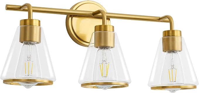 22" 3-Light Brushed Gold Modern Bathroom Vanity Light Fixtures Over Mirror | Clear Glass Shade, Heat-Resistant Ceramic E26 Socket, Wall Sconces, Rustproof, Fit 16–22 Inch Mirrors for Vanity Table