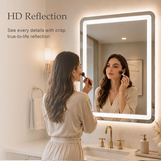 24x32 LED Lighted Bathroom Mirror for Vanity | Front Lights and Backlit, Rounded-Corner Rectangle, 3 Colors, Dimmable, Anti-Fog, Memory, Tempered Glass, UL