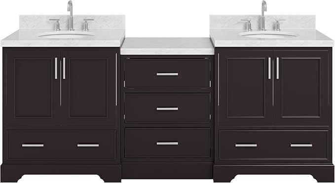 ARIEL Stafford 84-inch Bathroom Vanity with Sink,Solid Wood, 1.5in Italian Carrara Marble Countertop & Backsplash, Double Oval Porcelain Sink, 4 Soft Closing Doors, 5 Dovetail Drawers, Espresso