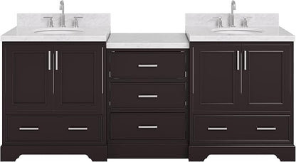 ARIEL Stafford 84-inch Bathroom Vanity with Sink,Solid Wood, 1.5in Italian Carrara Marble Countertop & Backsplash, Double Oval Porcelain Sink, 4 Soft Closing Doors, 5 Dovetail Drawers, Espresso