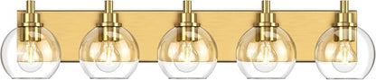 IZORRO Bathroom Light Fixtures, 5-Light Brushed Gold Vanity Light, Modern Wall Sconces with Globe Clear Glass Shade, Vanity Lighting Fixtures Over Mirror,E26 Bulb Socket