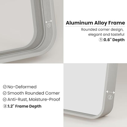 Brushed Nickel Bathroom Mirror 24x36 Inch, Brushed Silver Metal Frame Mirror Wall Mounted, Rounded Rectangle Bathroom Vanity Mirror, Tempered Glass, Anti-Rust, Horizontal/Vertical