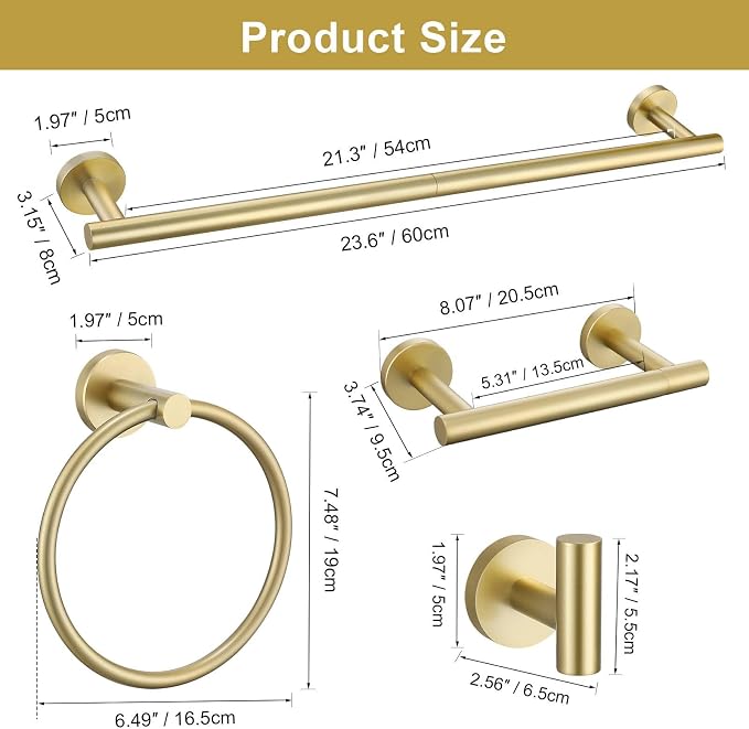 5 Pieces Brushed Gold Towel Bar Set, Upgraded Round Bathroom Hardware Accessories Set, Toilet Paper Holder Towel Holder Set for Bathroom Stainless Steel Wall Mounted 23.6Inch
