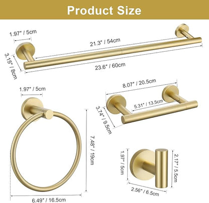 5 Pieces Brushed Gold Towel Bar Set, Upgraded Round Bathroom Hardware Accessories Set, Toilet Paper Holder Towel Holder Set for Bathroom Stainless Steel Wall Mounted 23.6Inch