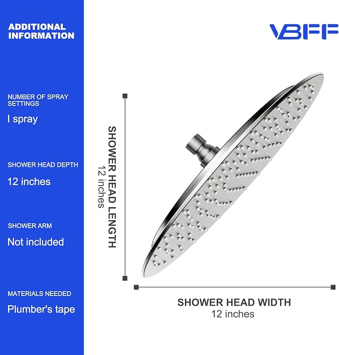 VBFF-Shower Head,rain shower head, 12 inch- Round Shower Head, 1.8 GPM Flow Rate, rainfall showerhead,VBFF13 (Brushed Nickel)