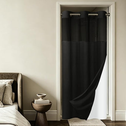 SORTTO No Hook Slub Shower Curtain with Liner, 48x74, Black | Snap in Liner, 3 in 1, Bamboo Texture, Hotel Style, Waterproof Fabric, Mesh Top Window, Corner Magnets, Machine Washable