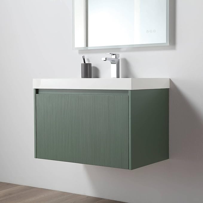 Blossom 30 Inch Bathroom Vanity with Sink and Side Cabinet, All Wood Floating Bathroom Vanity with Acrylic Sink, Bathroom Sink Cabinet with Soft-Close Drawer, Modern Style Vanities, Aventurine Green