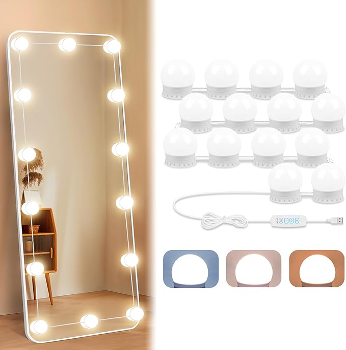 LED Vanity Lights For Mirror, Vanity Light Stick on with 10 Dimmable Bulbs | 3000K 4000K 6500K & 10 Level Brightness Adjustable, USB Cable, Hollywood Mirror Lights for Makeup Dressing Room Bathroom