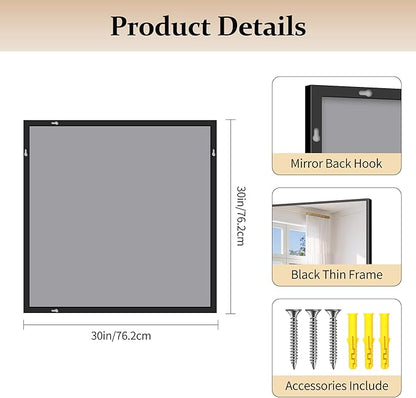Black Bathroom Mirror for Wall, 30x30 Inch Rectangle Mirrors with Metal Frame, Modern Vanity Wall Square Mirror for Bathroom Living Room, Entryway Hangs Horizontal or Vertical
