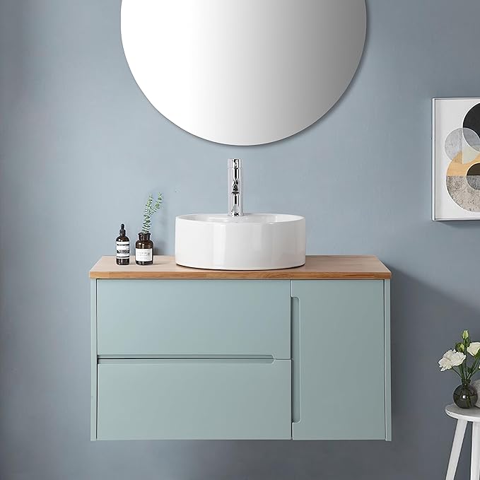 36 inch Bathroom Vanity with Sink and Solid Wood Countertop, Wall Mounted Bathroom Vanity Cabinet with 2 Drawers & 1 Door, Modern Floating Bathoom Vanity Set Include Round Ceramic Basin Sink & Mirror