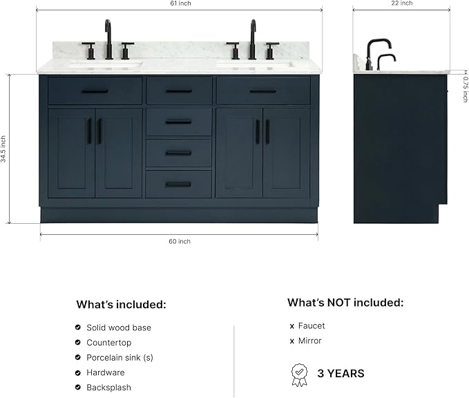 ARIEL Hepburn 60-inch Bathroom Vanity with Sink,Solid Wood, 0.75-inch Italian Carrara Marble Countertop, Double Rectangular Porcelain Sink, 4 Soft Closing Doors, 6 Dovetail Drawers, Midnight Blue