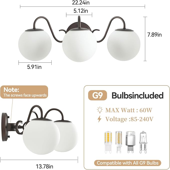 3 Lights Vintage Bathroom Vanity Light Fixtures Over Mirror, Oil Rubbed Bronze Vanity Lights For Bathroom With Milk Glass Globe Shade, Wall Lights For Bedroom, Hallway, Dressing Table(G9 Incl.)