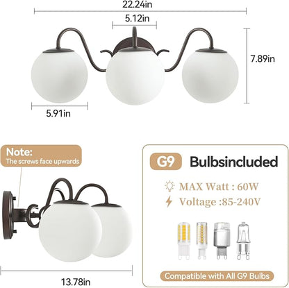 3 Lights Vintage Bathroom Vanity Light Fixtures Over Mirror, Oil Rubbed Bronze Vanity Lights For Bathroom With Milk Glass Globe Shade, Wall Lights For Bedroom, Hallway, Dressing Table(G9 Incl.)