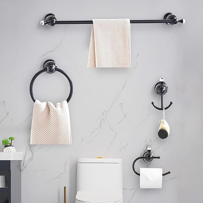 Black Crystal Bathroom Hardware Adjustable 24 Inch Towel Bar Set Toilet Paper Holder Towel Ring Coat Hooks Bathroom Accessories 4 Pieces Wall Mounted
