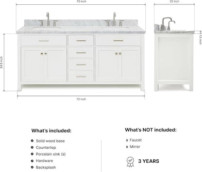 Alenza 72 Inch Bathroom Vanity Double Sink — White Bathroom Vanity with Sink, 1.5" Edge Italian Carrara Marble Countertop & Backsplash, 4 Soft-Close Doors, 4 Dovetail Drawers