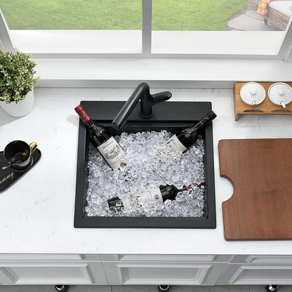 21 Inch Black Drop In Bar Sink Quartz Workstation | 21x20 Drop In Kitchen Sink Matte Black Quartz Composite Small Outdoor Rv Single Bowl Wet Bar Sinks with Cutting Board