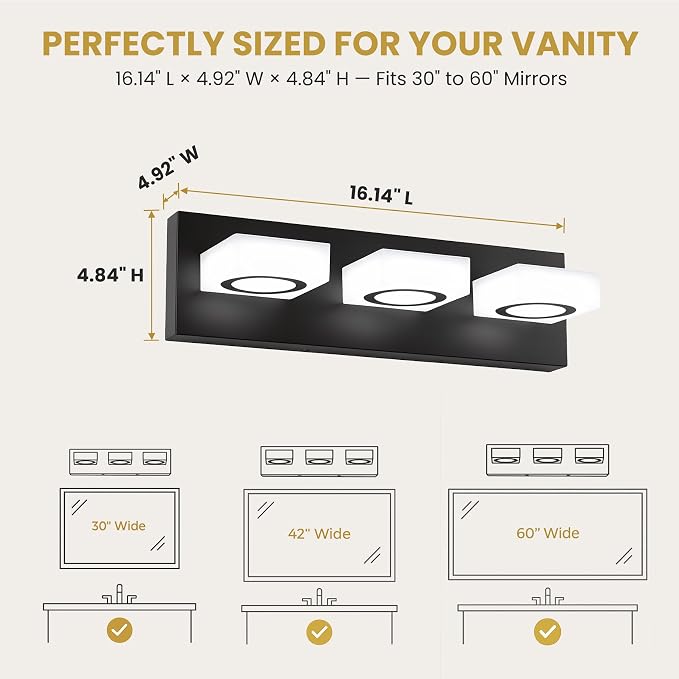 Bathroom Vanity Light, 3-Light 16 Inch Matte Black 5CCT 2700-6500K LED Bathroom Light Fixtures Over Mirror, Vanity Lighting Modern Bath Wall Sconce for Mirror Bedroom Living Room