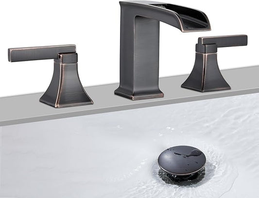 Oil Rubbed Bronze Bathroom Faucet, Sanliv 3-Piece Widespread Bathroom Faucets for 3-Hole Sinks 4-8 Inch, Bronze Waterfall Vanity Faucet with Pop-Up Drain (ORB)