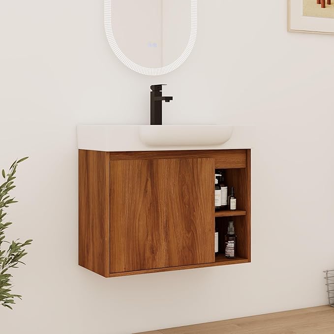 28" Wall-Mounted Bathroom Vanity with Ceramic Sink, 28 Inch Floating Single Sink Vanity Cabinet Modern Brown 1-Door Design with Storage Shelf (Space-Saving for Small Bathrooms)