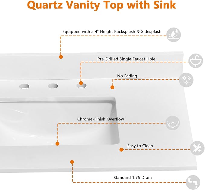36" x 22" Vanity Top, Quartz Vanity Sink Top in Pure White, with One Sidesplash & One Backsplash, with Undermounted Sink,8 Inch Faucet Hole Spread for Vanity Top with Sink