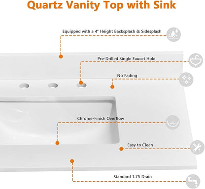 36" x 22" Vanity Top, Quartz Vanity Sink Top in Pure White, with One Sidesplash & One Backsplash, with Undermounted Sink,8 Inch Faucet Hole Spread for Vanity Top with Sink