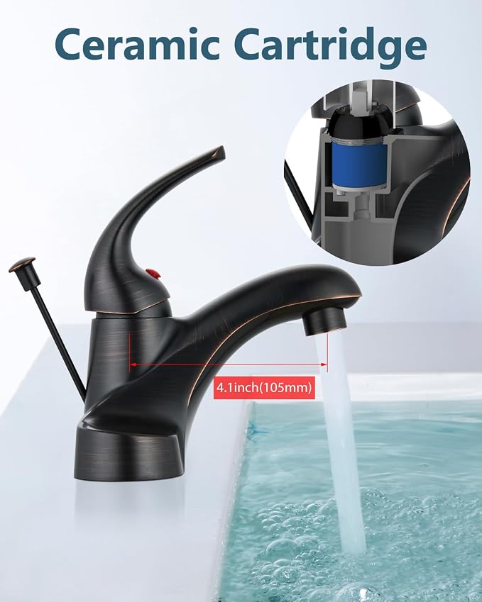 4-Inch Centerset Bathroom Sink Faucet with Drain, Bronze | Single-Handle Vanity Faucet with Lift Rod Drain, 24-Inch Supply Lines, 1.2 GPM, 3-Hole Deck Mount, Easy Installation