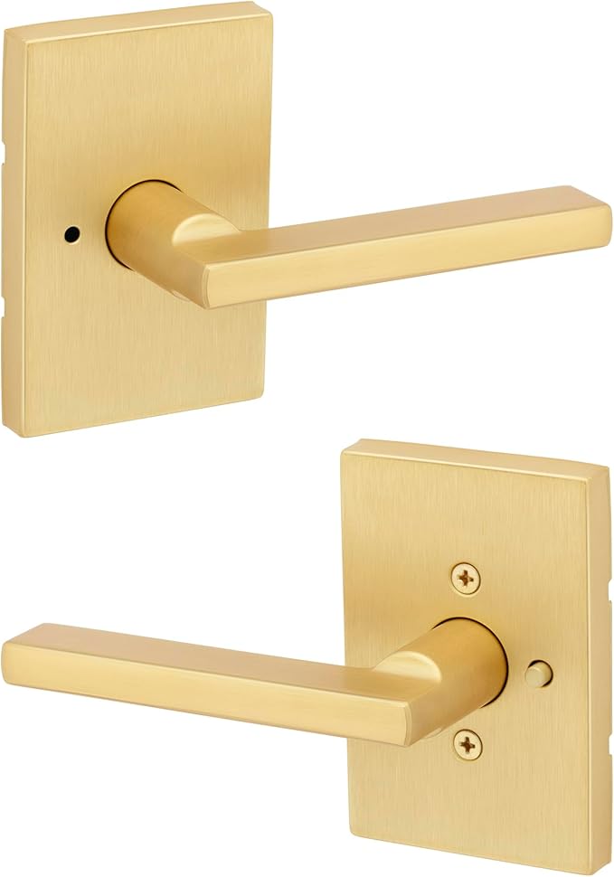 Kwikset Halifax Interior Privacy Door Handle with Lock, Door Lever for Bathroom and Bedroom, Satin Brass Rectangle Reversible Keyless Push Button Lock Door Lever, with Microban Protection