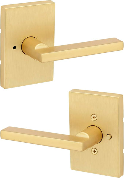 Kwikset Halifax Interior Privacy Door Handle with Lock, Door Lever for Bathroom and Bedroom, Satin Brass Rectangle Reversible Keyless Push Button Lock Door Lever, with Microban Protection