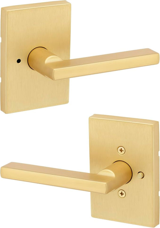 Kwikset Halifax Interior Privacy Door Handle with Lock, Door Lever for Bathroom and Bedroom, Satin Brass Rectangle Reversible Keyless Push Button Lock Door Lever, with Microban Protection