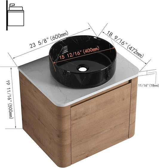 LKTART 24 Inch Floating Bathroom Vanity with Sink, Modern Wall Mounted Bathroom with Soft Close Door, Black Stone Round Ceramic Basin and Sintered Stone Top