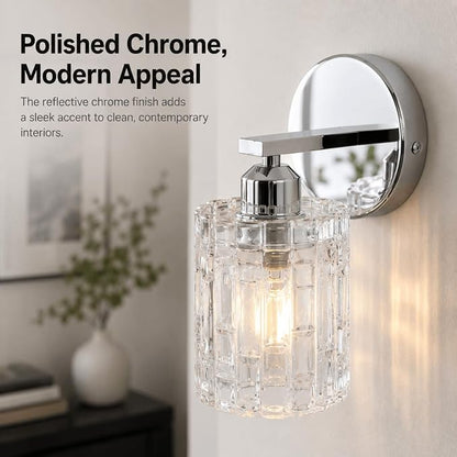 Modern 1-Light Crystal Vanity Light, Chrome Bathroom Light Fixture Over Mirror, Wall Mount for Bathroom, Bedroom, Living Room, Hallway
