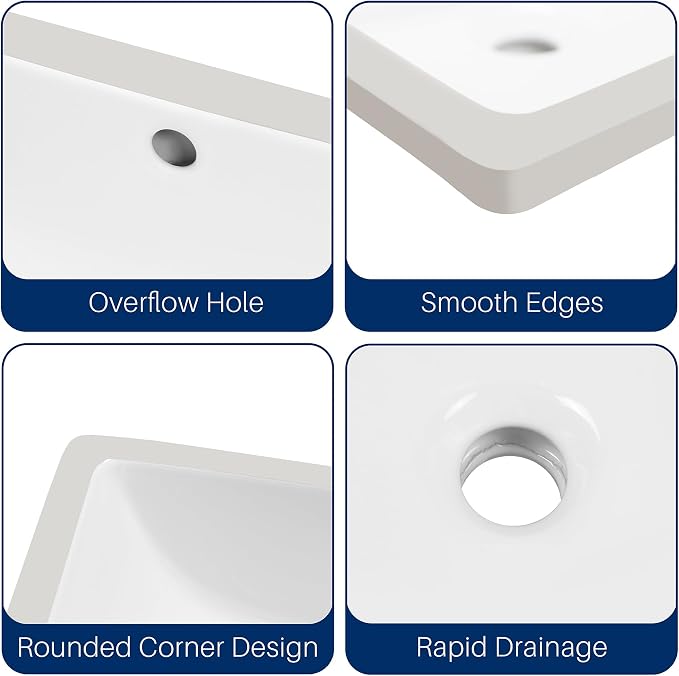 Enbol Undermount Bathroom Sink White Rectangular Ceramic Sink for Bathroom with Overflow, Interior Bowl Size 18.3" x 13.3" ECU1813