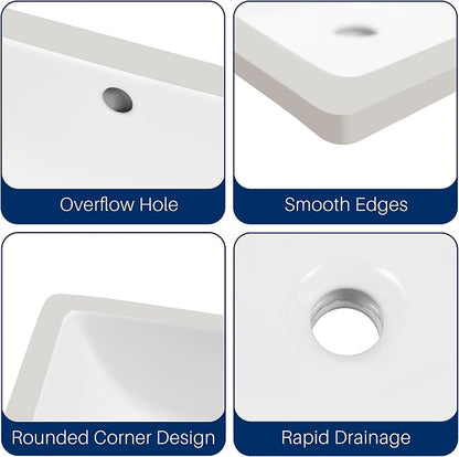 Enbol Undermount Bathroom Sink White Rectangular Ceramic Sink for Bathroom with Overflow, Interior Bowl Size 18.3" x 13.3" ECU1813