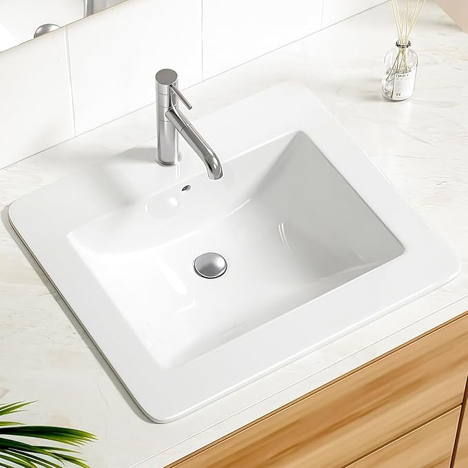 Enbol 21" x 18" Drop-In Bathroom Sink – White Ceramic Rectangular Semi Recessed Bathroom Vessel Sink Top Mount with Single Hole & Overflow (Model O2118）