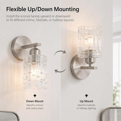 2-Pack Nickel Crystal Bathroom Vanity Lights, 1-Light Wall Sconce Fixture for Over Mirror, Modern Wall Mount for Bathroom, Bedroom, Hallway