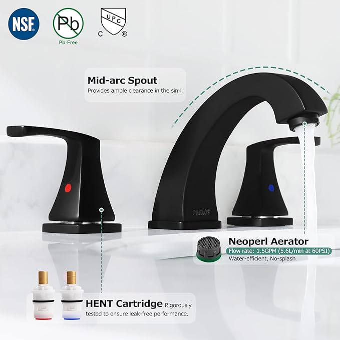 PARLOS Matte Black Widespread Bathroom Faucet with Metal Pop Up Drain and cUPC Faucet Supply Lines, Doris 14258